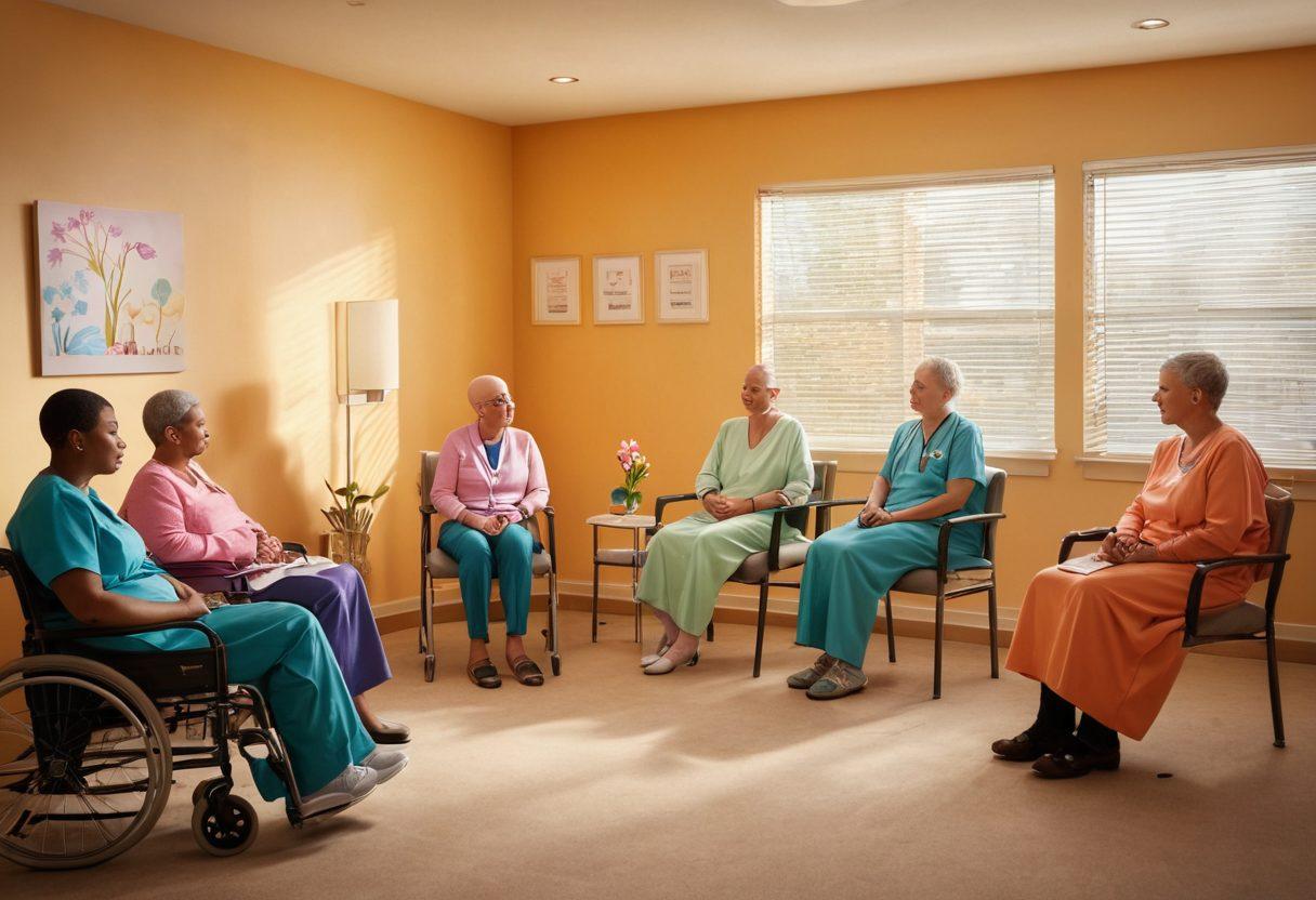 A compassionate scene depicting a diverse group of cancer patients and caregivers gathered in a bright, welcoming room, engaging in a knowledge-sharing session. Include elements like supportive paraphernalia, educational materials, and a wall displaying innovative treatment options. Evoke feelings of empowerment, hope, and community through warm colors and gentle lighting. super-realistic. vibrant colors.