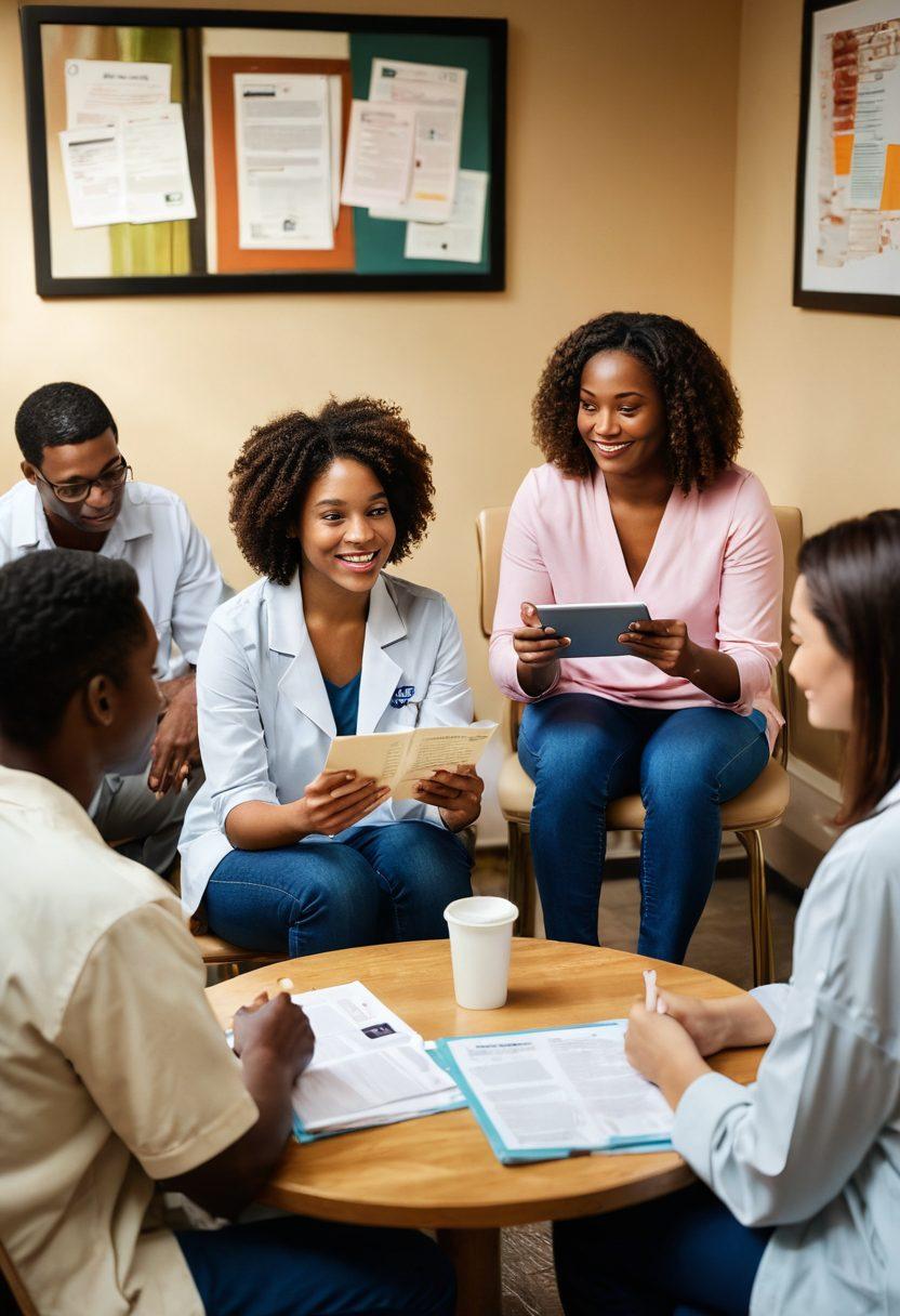A diverse group of patients engaged in a supportive group discussion, surrounded by educational materials like pamphlets and digital tablets. They are sharing their experiences in a warm, inviting setting that radiates empathy and empowerment. Soft lighting enhances the emotional warmth of the scene, while inspirational quotes are subtly featured in the background. super-realistic. vibrant colors. warm tones.