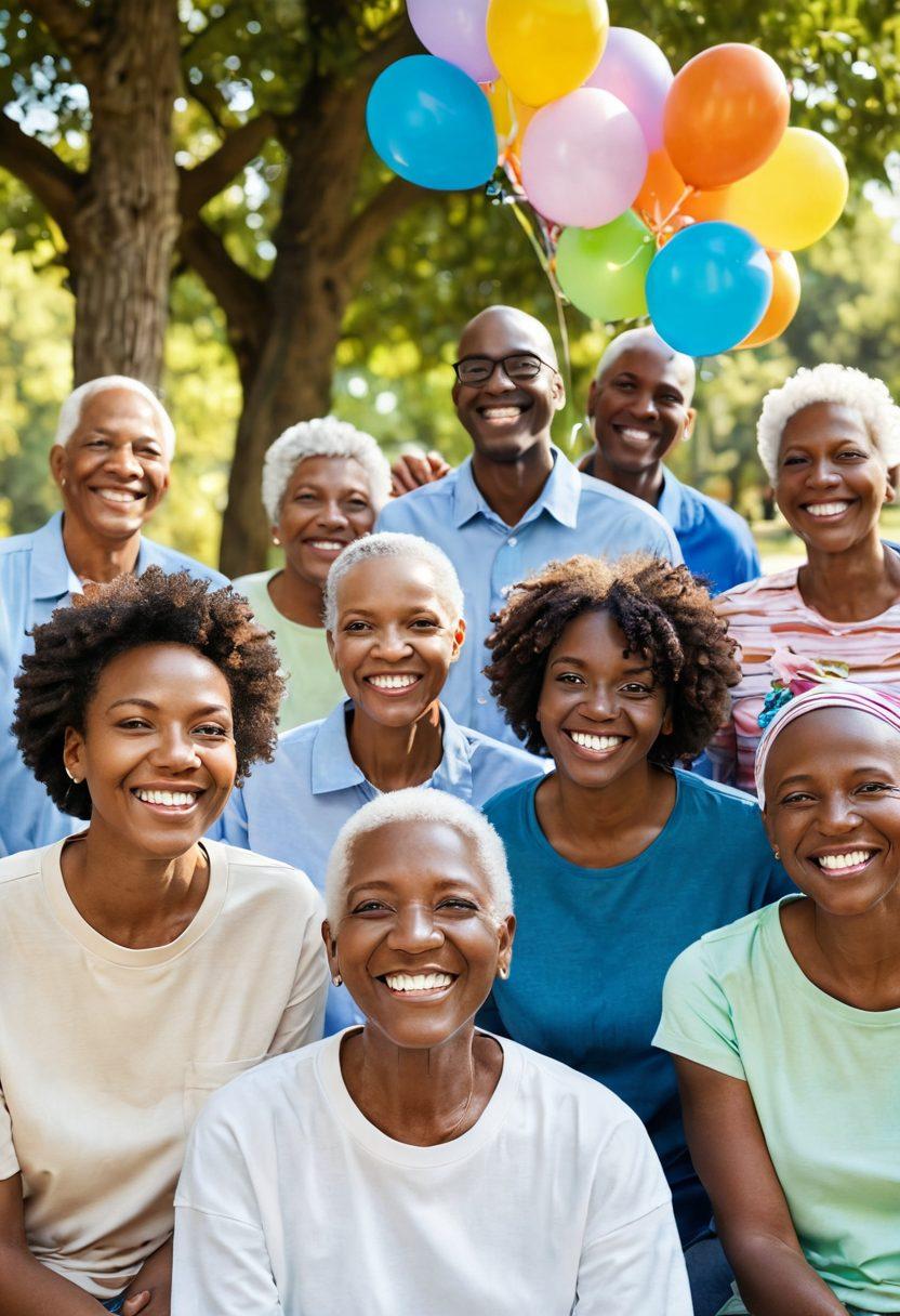 A diverse group of cancer patients and supporters gathered in a sunny park, sharing smiles and laughter. Visual representations of various community resources, like a food pantry and a support group banner, integrated into the scene. Soft sunlight filtering through trees, casting a warm glow on their faces, symbolizing hope and connection. Include uplifting elements like balloons and flowers. vibrant colors. 3D.